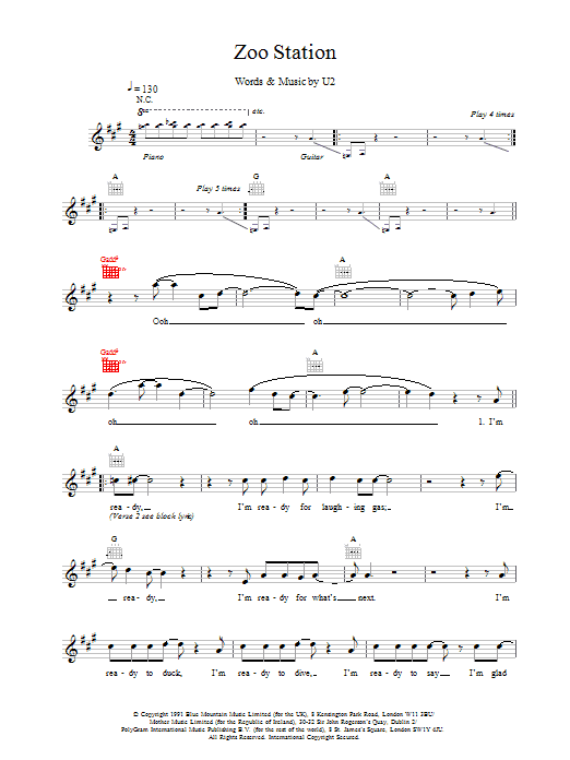 U2 Zoo Station Sheet Music Notes & Chords for Piano, Vocal & Guitar (Right-Hand Melody) - Download or Print PDF