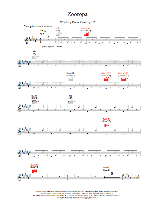 U2 Zooropa Sheet Music Notes & Chords for Melody Line, Lyrics & Chords - Download or Print PDF