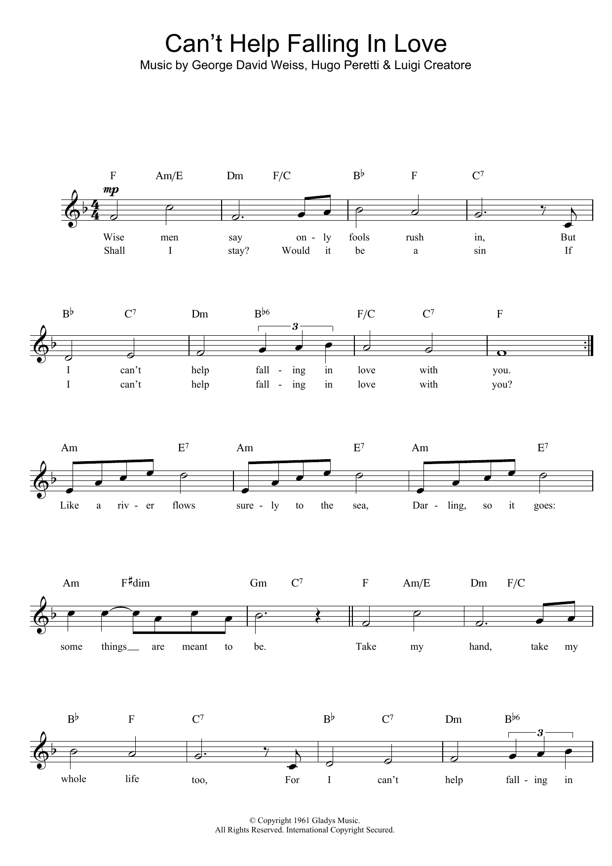 UB40 Can't Help Falling In Love Sheet Music Notes & Chords for Melody Line, Lyrics & Chords - Download or Print PDF