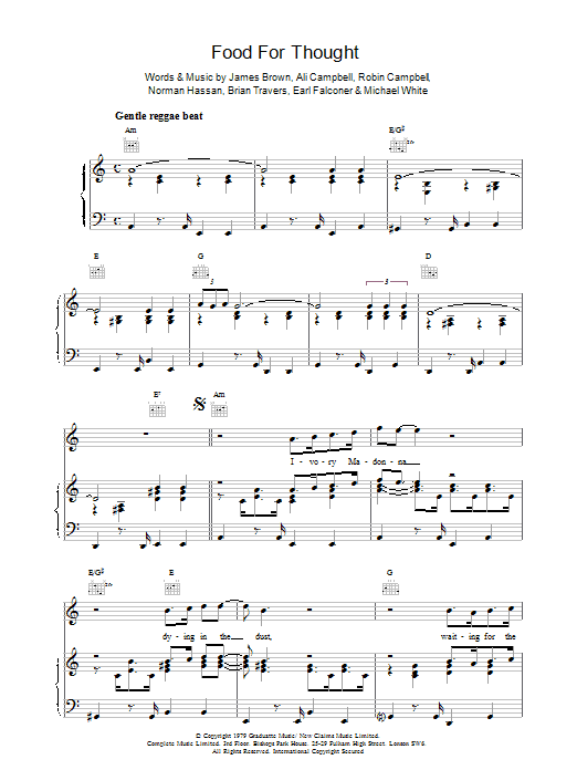 UB40 Food For Thought Sheet Music Notes & Chords for Lyrics & Chords - Download or Print PDF