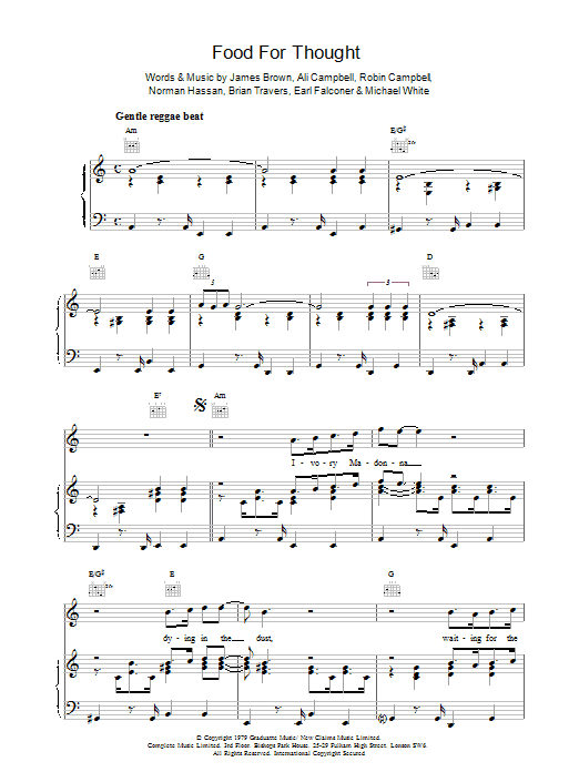 UB40 Food For Thought Sheet Music Notes & Chords for Piano, Vocal & Guitar (Right-Hand Melody) - Download or Print PDF