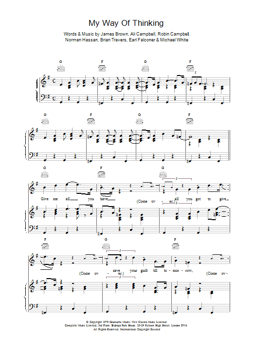 UB40 My Way Of Thinking Sheet Music Notes & Chords for Piano, Vocal & Guitar (Right-Hand Melody) - Download or Print PDF