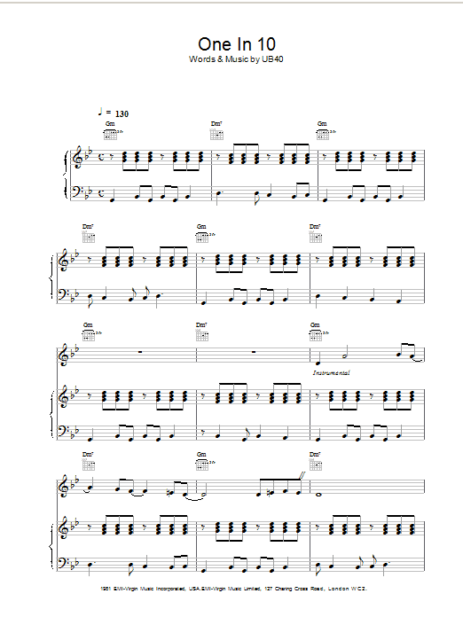 UB40 One In 10 Sheet Music Notes & Chords for Piano, Vocal & Guitar (Right-Hand Melody) - Download or Print PDF