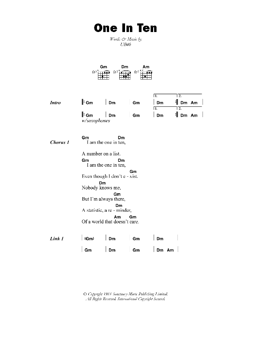 UB40 One In Ten Sheet Music Notes & Chords for Lyrics & Chords - Download or Print PDF