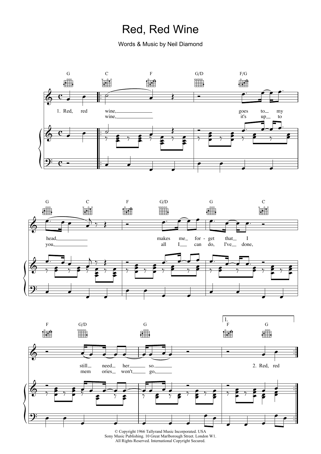 UB 40 Red, Red Wine Sheet Music Notes & Chords for Piano, Vocal & Guitar (Right-Hand Melody) - Download or Print PDF