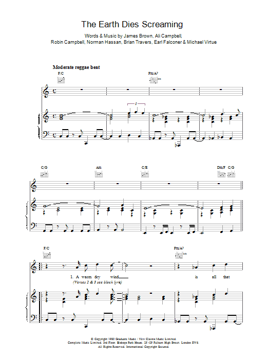 UB40 The Earth Dies Screaming Sheet Music Notes & Chords for Piano, Vocal & Guitar (Right-Hand Melody) - Download or Print PDF