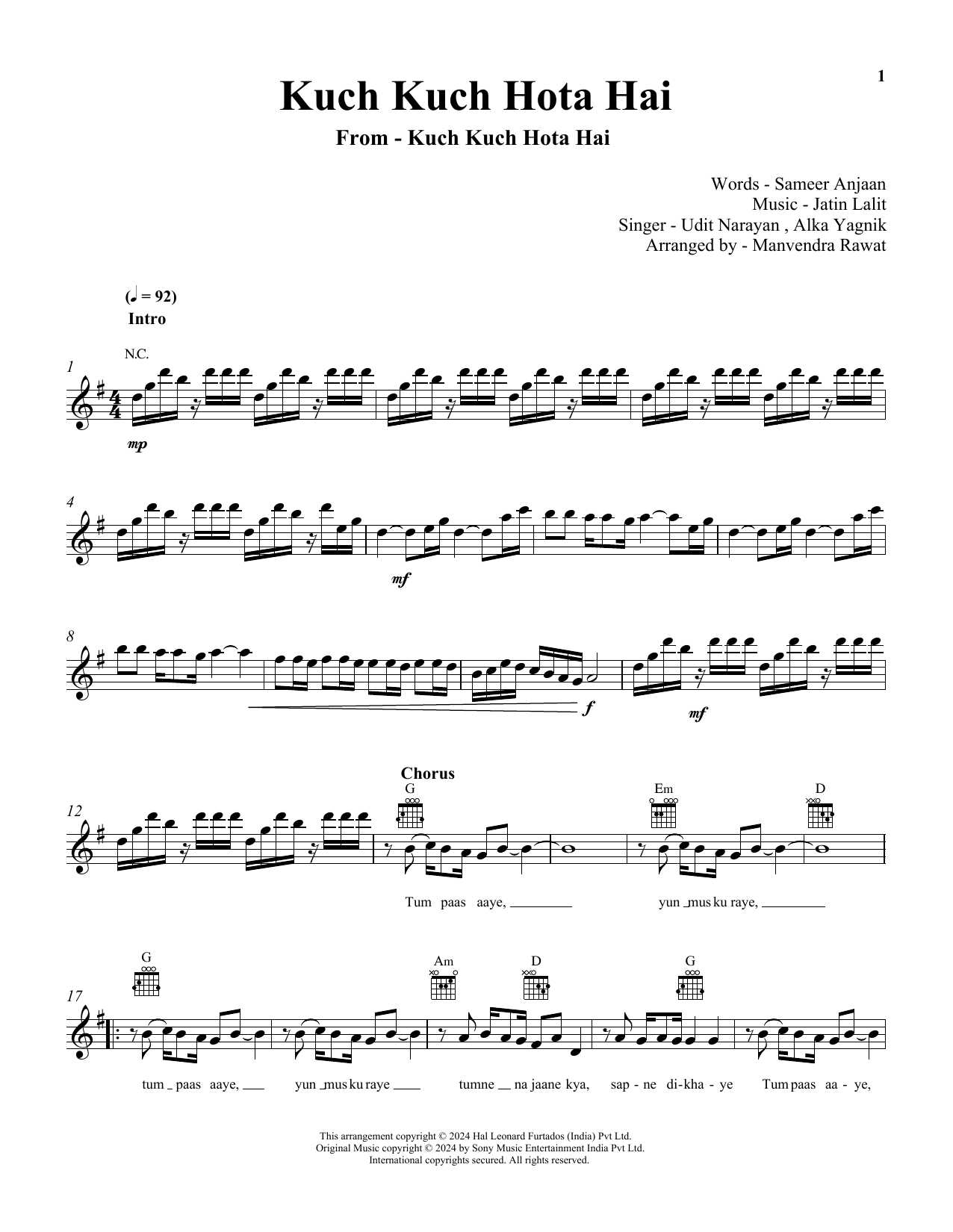 Udit Narayan & Alka Yagnik Kuch Kuch Hota Hai Sheet Music Notes & Chords for Lead Sheet / Fake Book - Download or Print PDF