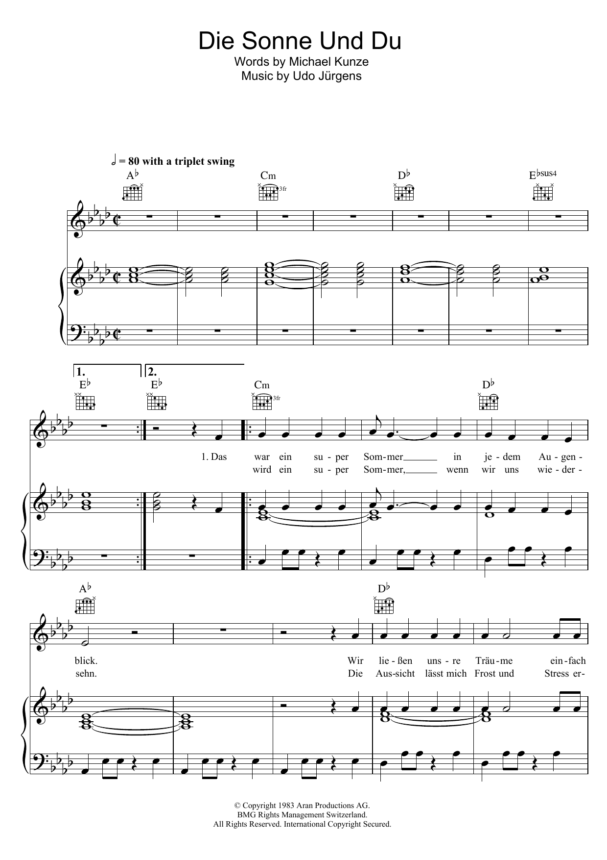 Udo Jurgens Die Sonne Und Du Sheet Music Notes & Chords for Piano, Vocal & Guitar (Right-Hand Melody) - Download or Print PDF
