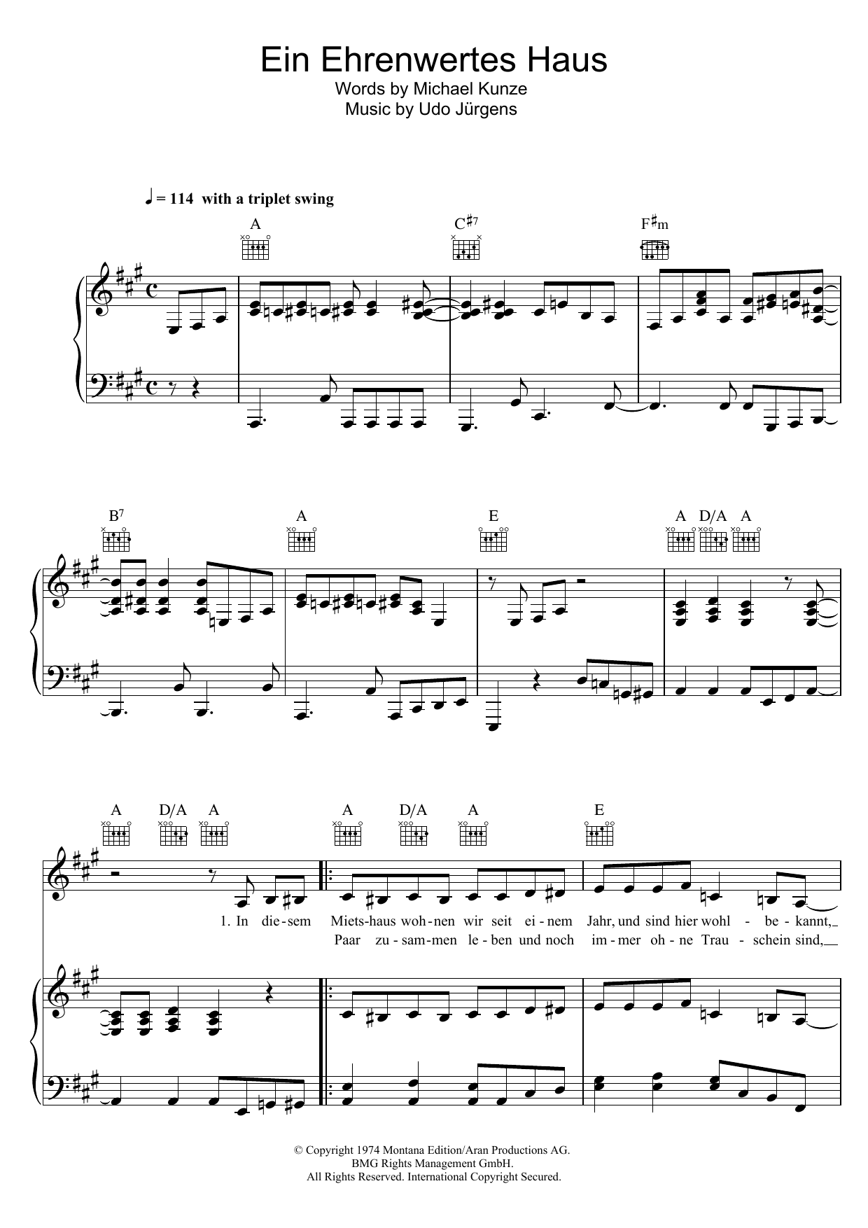 Udo Jurgens Ein Ehrenwertes Haus Sheet Music Notes & Chords for Piano, Vocal & Guitar (Right-Hand Melody) - Download or Print PDF