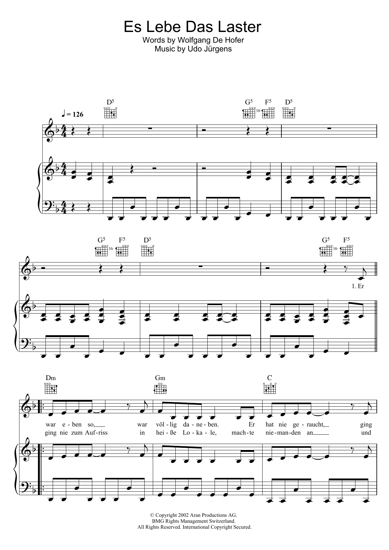Udo Jurgens Es Lebe Das Laster Sheet Music Notes & Chords for Piano, Vocal & Guitar (Right-Hand Melody) - Download or Print PDF