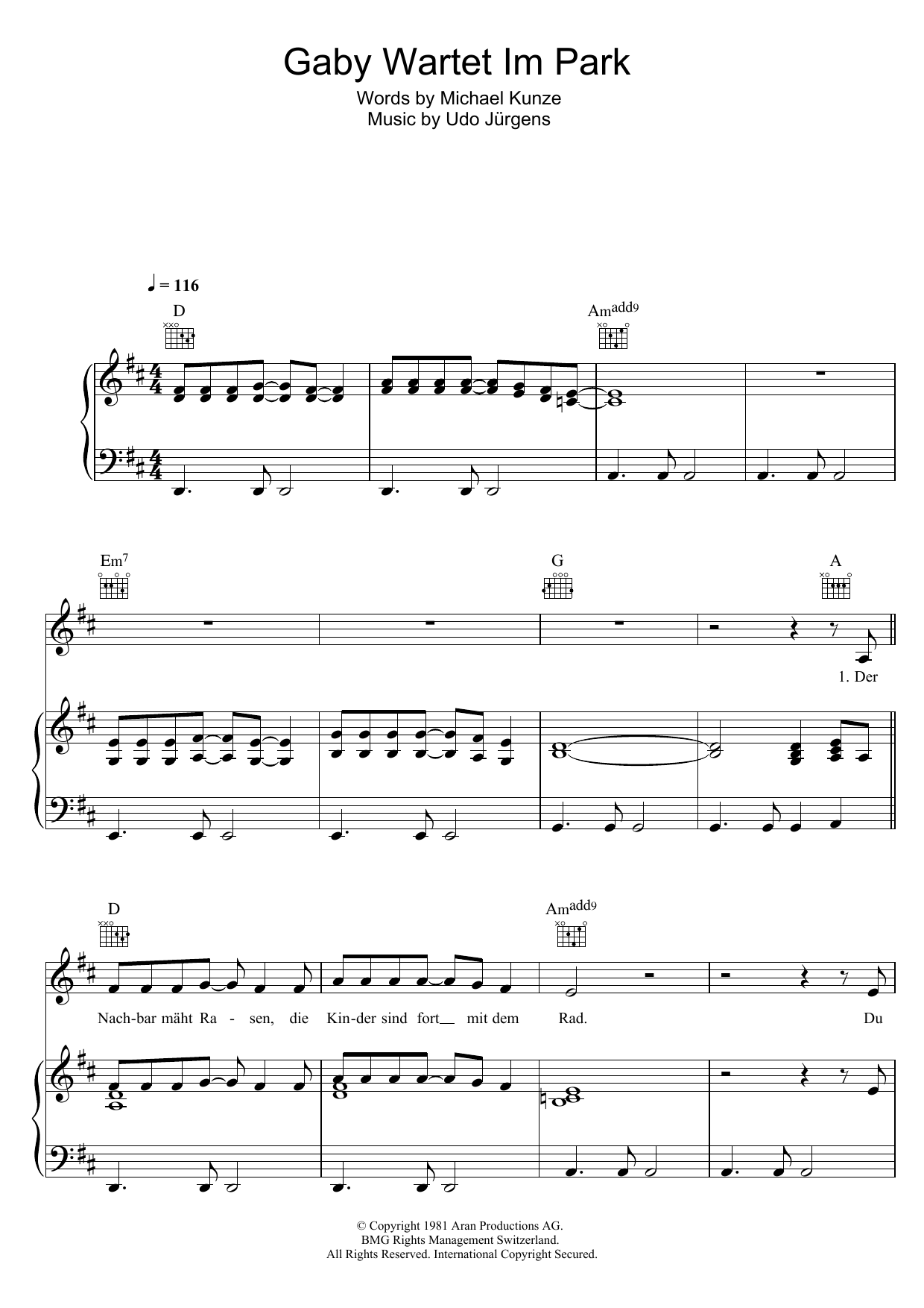 Udo Jurgens Gaby Wartet Im Park Sheet Music Notes & Chords for Piano, Vocal & Guitar (Right-Hand Melody) - Download or Print PDF