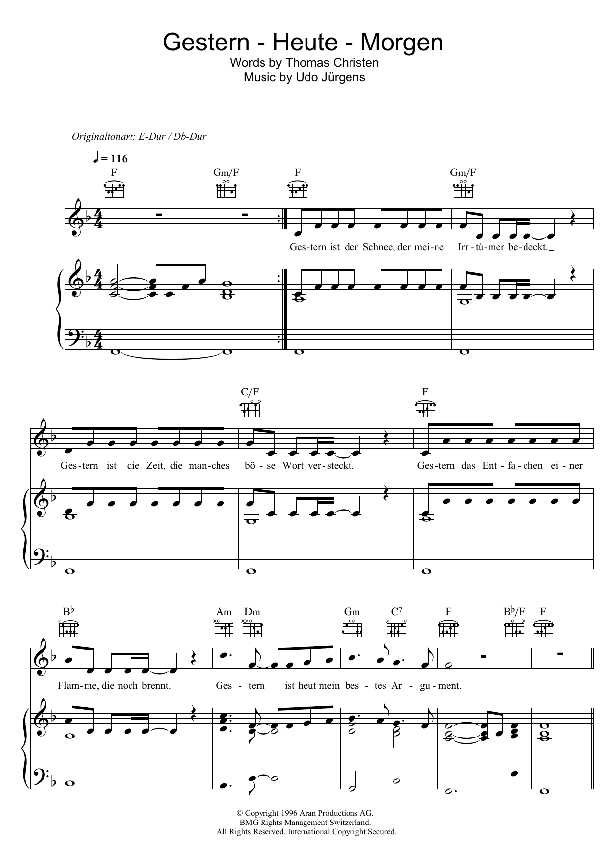 Udo Jurgens Gestern - Heute - Morgen Sheet Music Notes & Chords for Piano, Vocal & Guitar (Right-Hand Melody) - Download or Print PDF