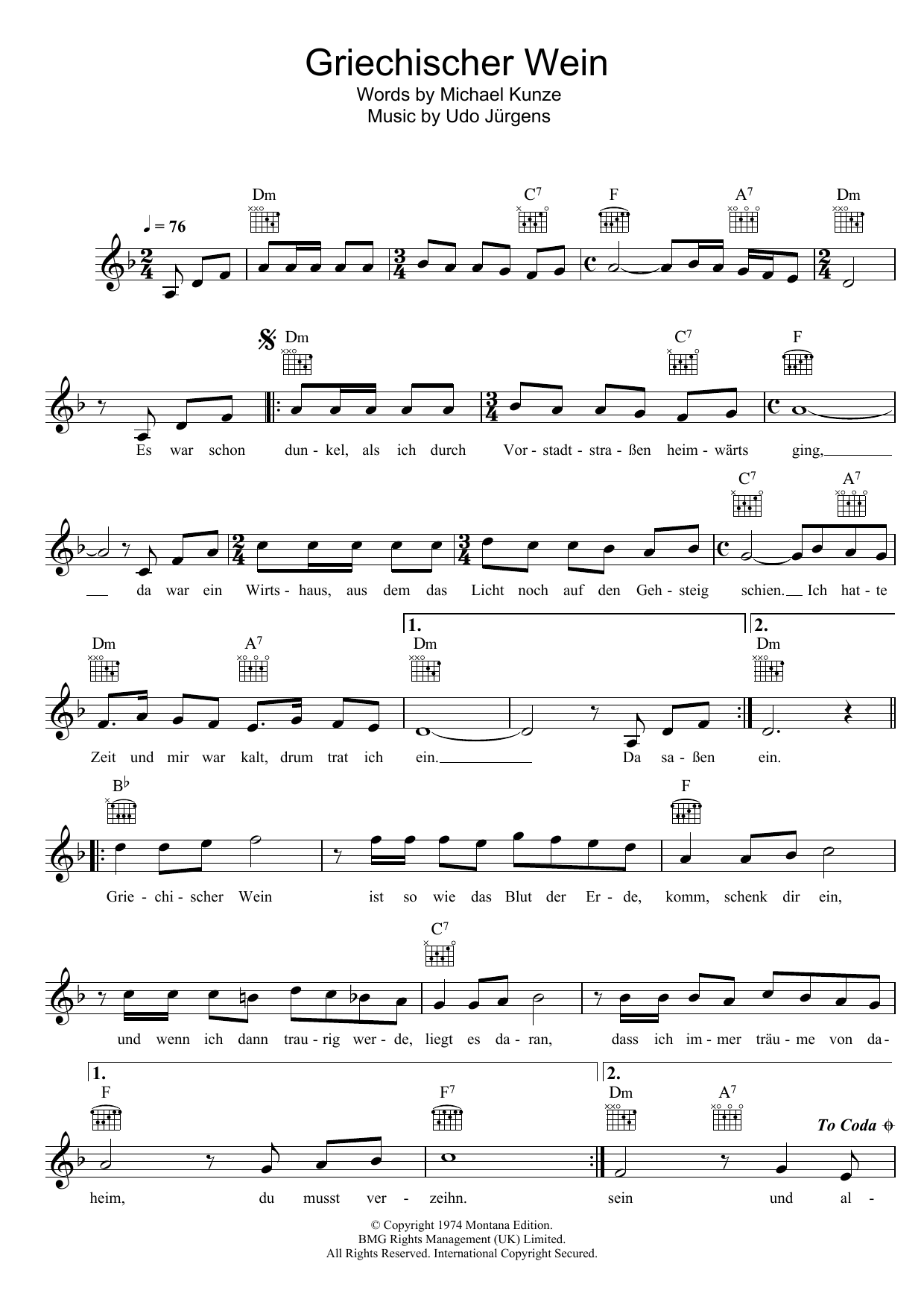 Udo Jurgens Griechischer Wein Sheet Music Notes & Chords for Piano, Vocal & Guitar (Right-Hand Melody) - Download or Print PDF