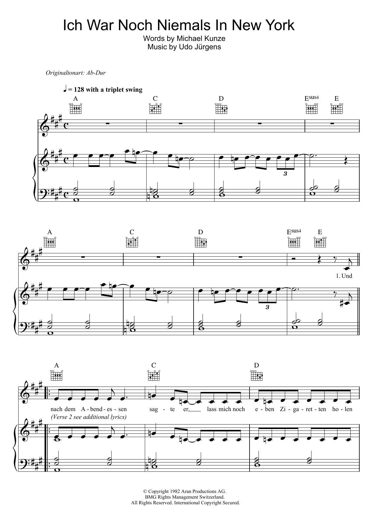 Udo Jurgens Ich War Noch Niemals In New York Sheet Music Notes & Chords for Piano, Vocal & Guitar (Right-Hand Melody) - Download or Print PDF