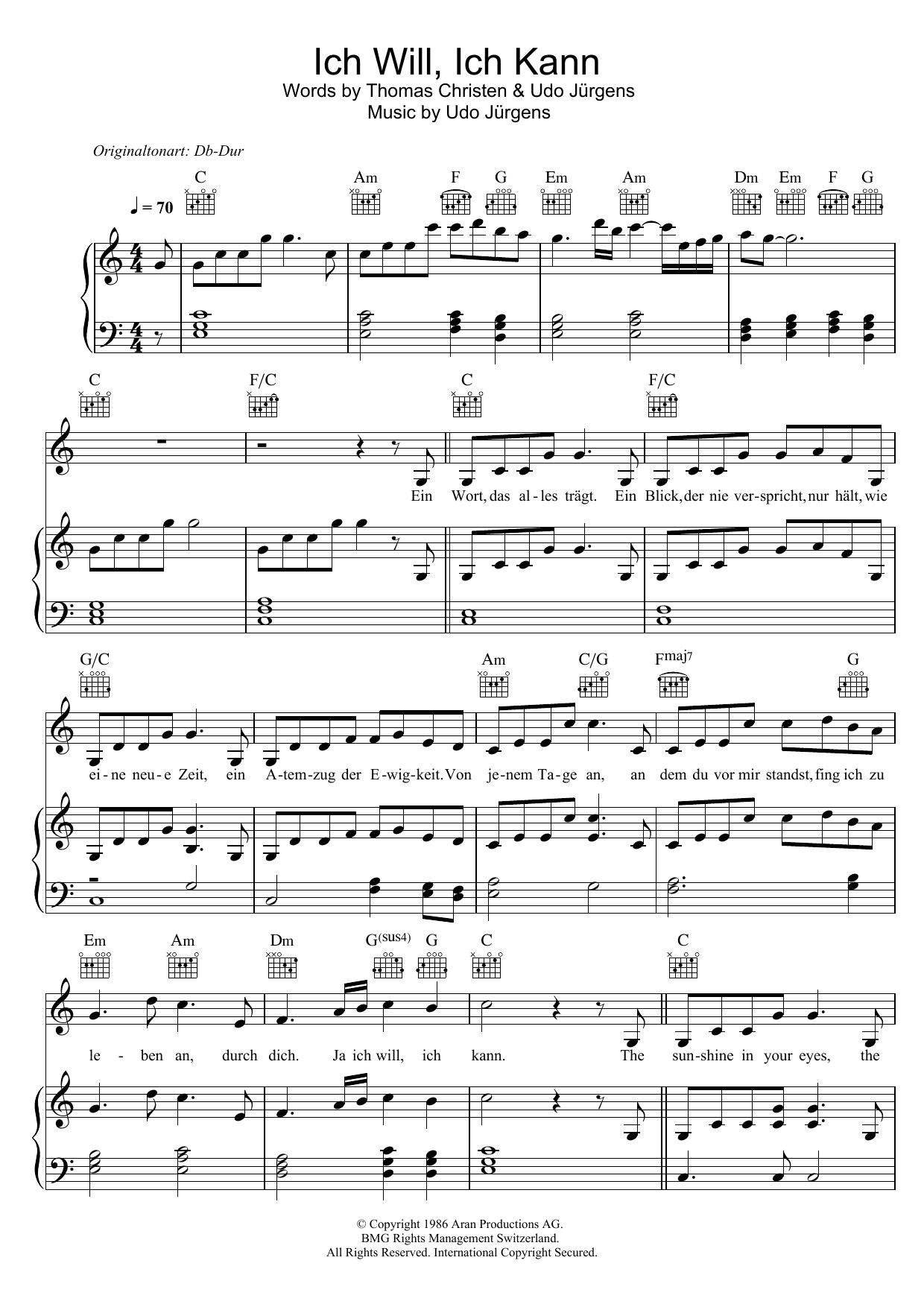 Udo Jurgens Ich Will, Ich Kann Sheet Music Notes & Chords for Piano, Vocal & Guitar (Right-Hand Melody) - Download or Print PDF