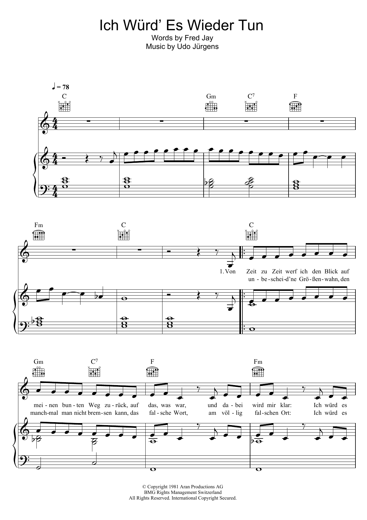 Udo Jurgens Ich Wurd' Es Wieder Tun Sheet Music Notes & Chords for Piano, Vocal & Guitar (Right-Hand Melody) - Download or Print PDF