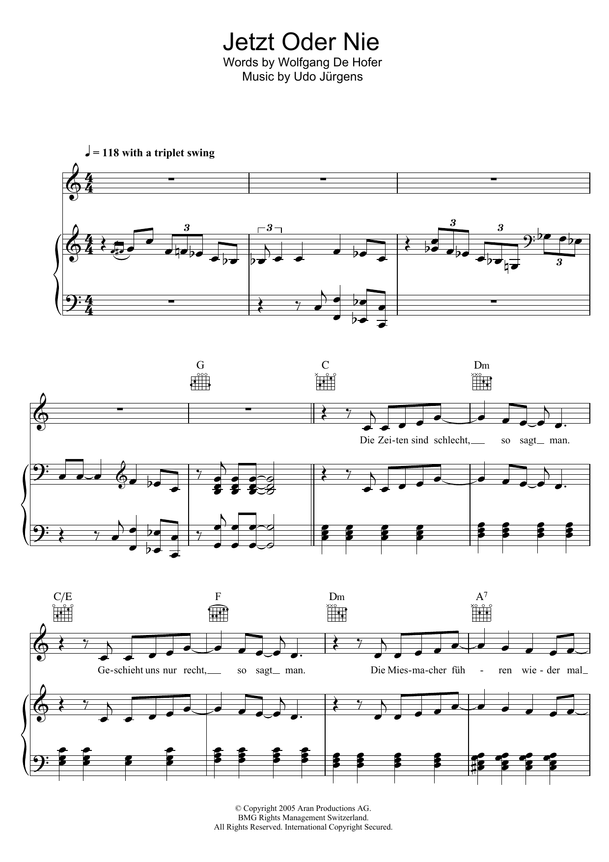 Udo Jurgens Jetzt Oder Nie Sheet Music Notes & Chords for Piano, Vocal & Guitar (Right-Hand Melody) - Download or Print PDF