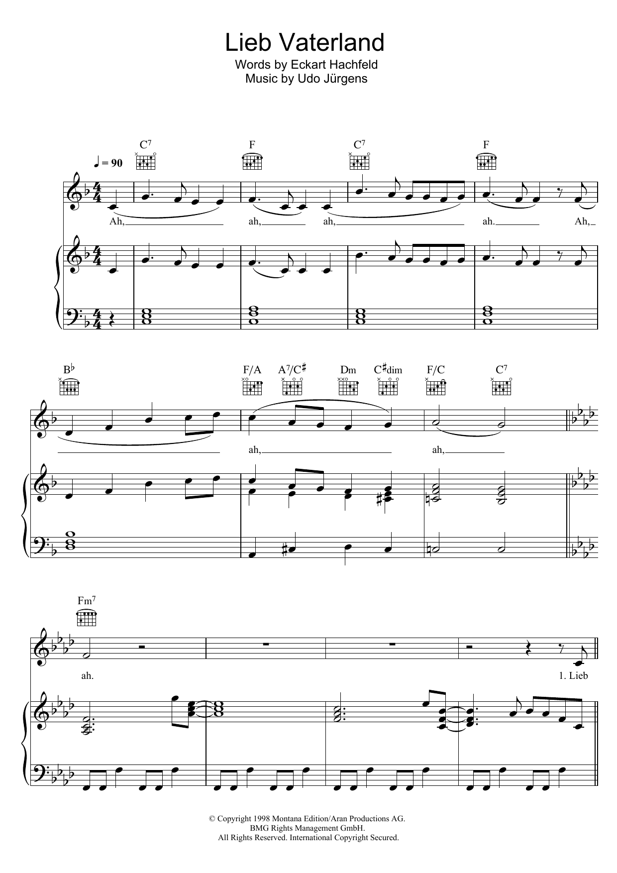 Udo Jurgens Lieb Vaterland Sheet Music Notes & Chords for Piano, Vocal & Guitar (Right-Hand Melody) - Download or Print PDF