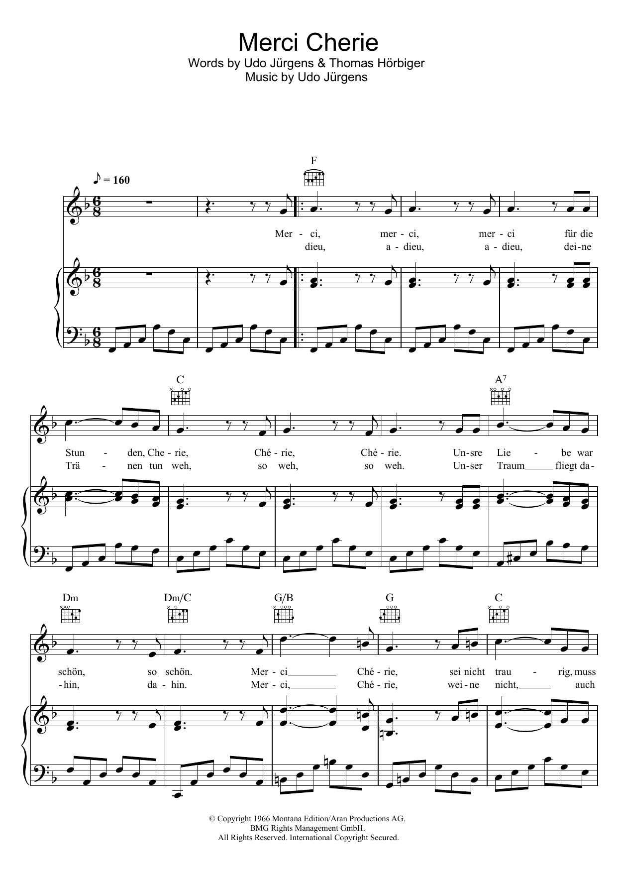 Udo Jurgens Merci Cherie Sheet Music Notes & Chords for Piano, Vocal & Guitar (Right-Hand Melody) - Download or Print PDF