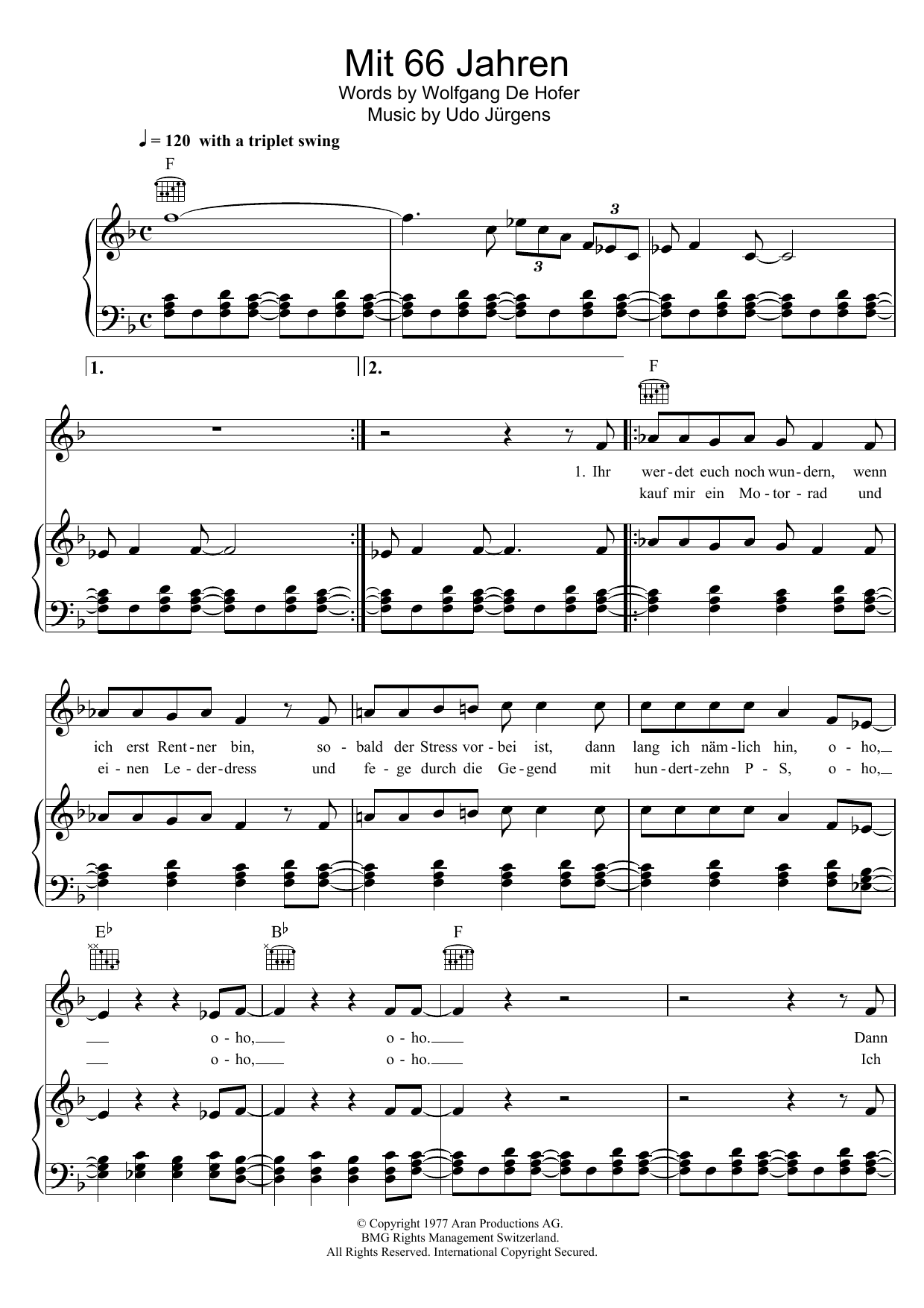 Udo Jurgens Mit 66 Jahren Sheet Music Notes & Chords for Piano, Vocal & Guitar (Right-Hand Melody) - Download or Print PDF