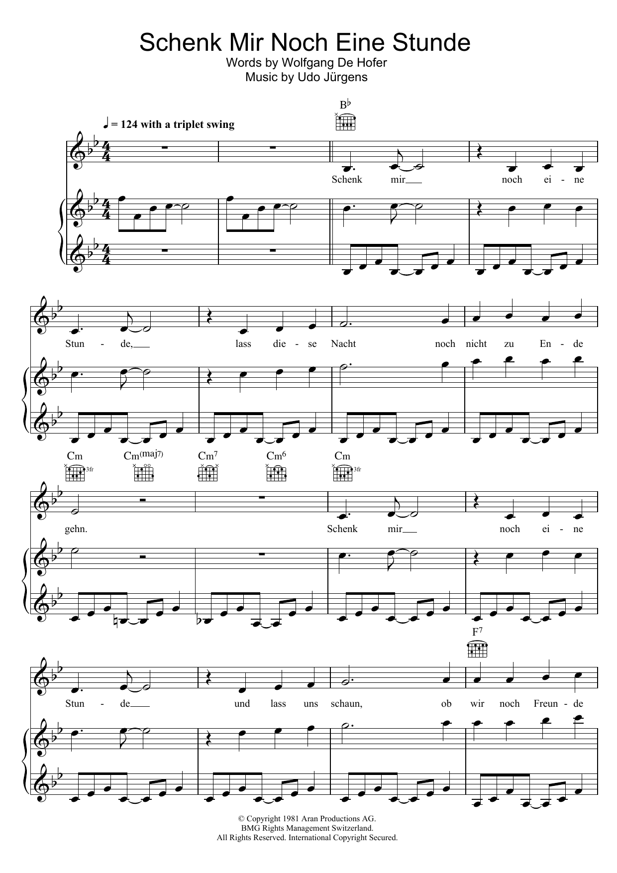 Udo Jurgens Schenk Mir Noch Eine Stunde Sheet Music Notes & Chords for Piano, Vocal & Guitar (Right-Hand Melody) - Download or Print PDF