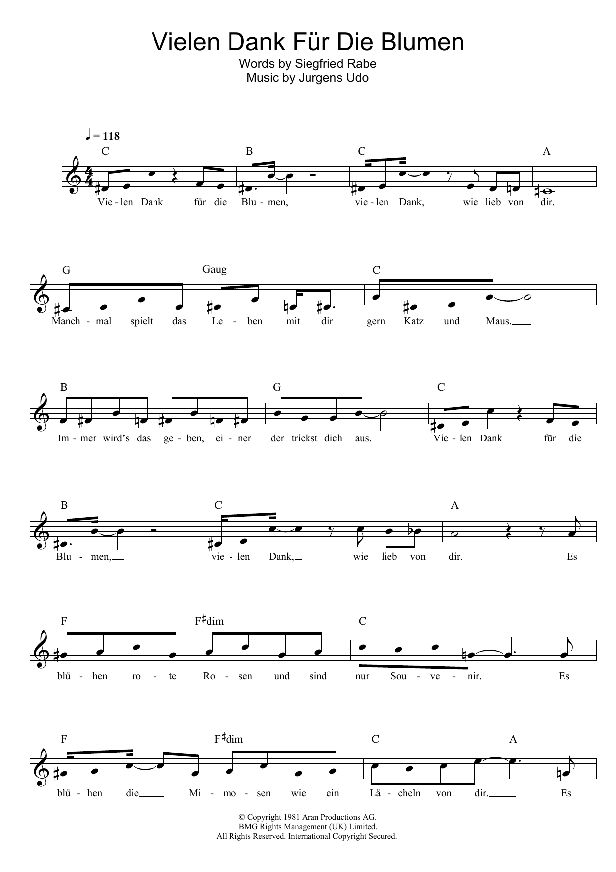Udo Jurgens Vielen Dank Fur Die Blumen Sheet Music Notes & Chords for Piano, Vocal & Guitar (Right-Hand Melody) - Download or Print PDF