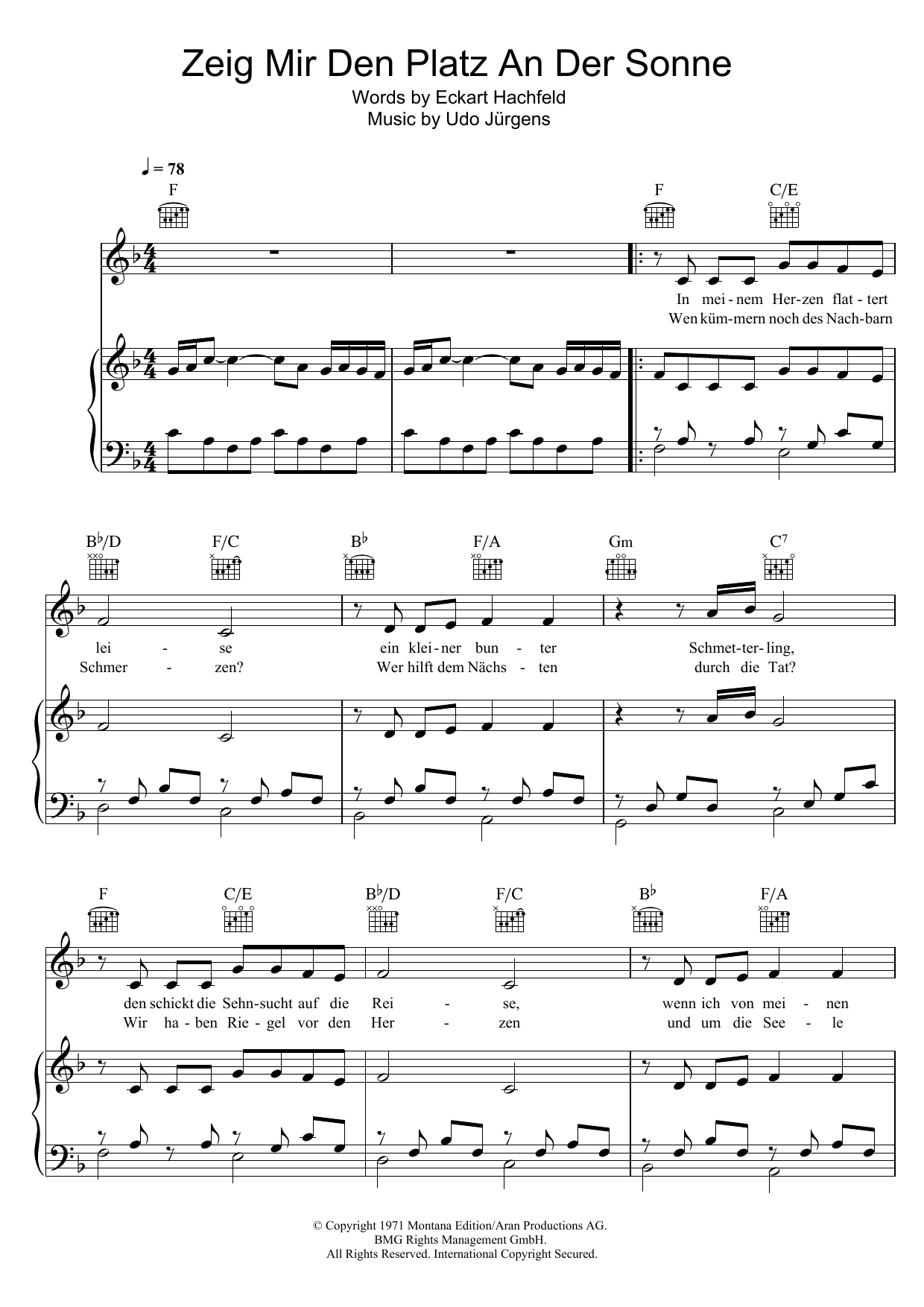 Udo Jurgens Zeig Mir Den Platz An Der Sonne Sheet Music Notes & Chords for Piano, Vocal & Guitar (Right-Hand Melody) - Download or Print PDF