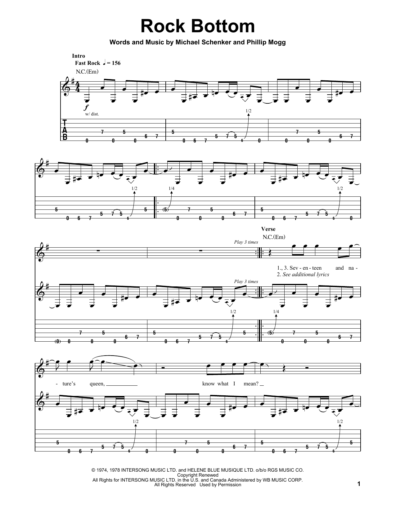 UFO Rock Bottom Sheet Music Notes & Chords for Guitar Tab - Download or Print PDF