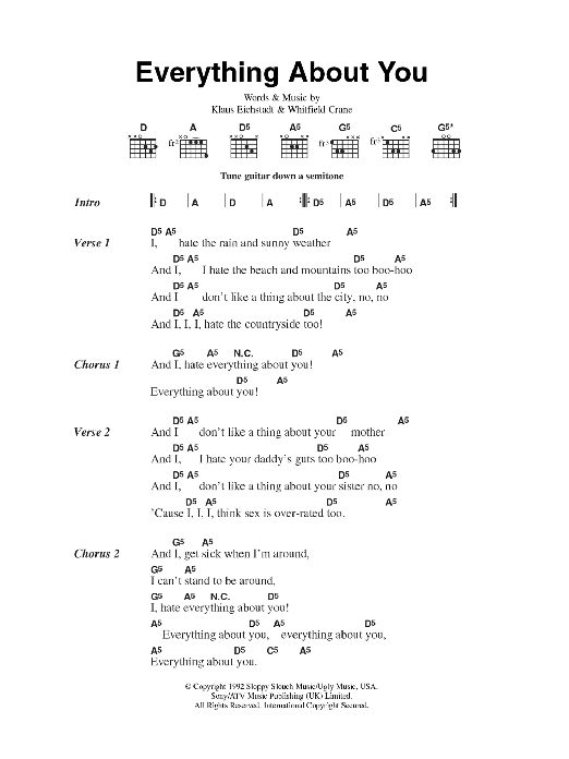 Ugly Kid Joe Everything About You Sheet Music Notes & Chords for Lyrics & Chords - Download or Print PDF