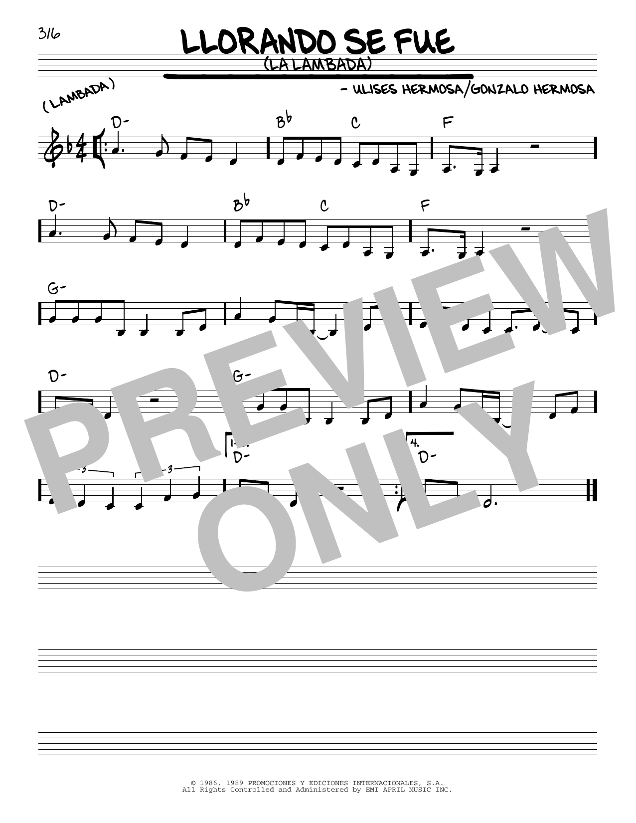 Ulises Hermosa Llorando Se Fue (La Lambada) Sheet Music Notes & Chords for Real Book – Melody & Chords - Download or Print PDF