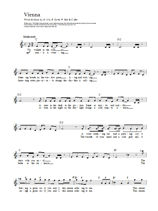 Ultravox Vienna Sheet Music Notes & Chords for Piano, Vocal & Guitar - Download or Print PDF