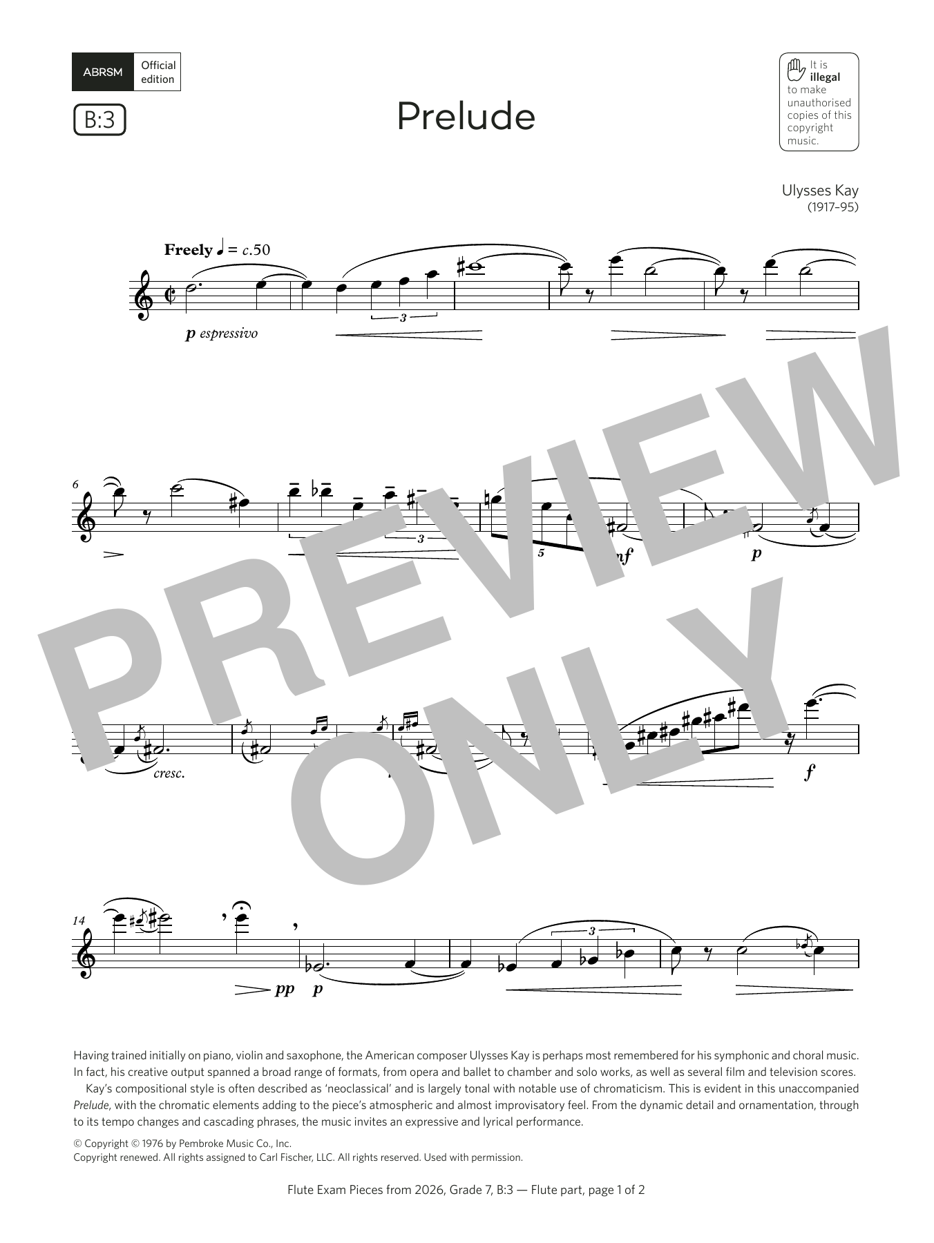 Ulysses Kay Prelude (Grade 7, list B3, from the ABRSM Flute Syllabus from 2026) Sheet Music Notes & Chords for Flute Solo - Download or Print PDF Ulysses Kay Prelude (Grade 7, list B3, from the ABRSM Flute Syllabus from 2026) Sheet Music Notes & Chords for Flute Solo - Download or Print PDF