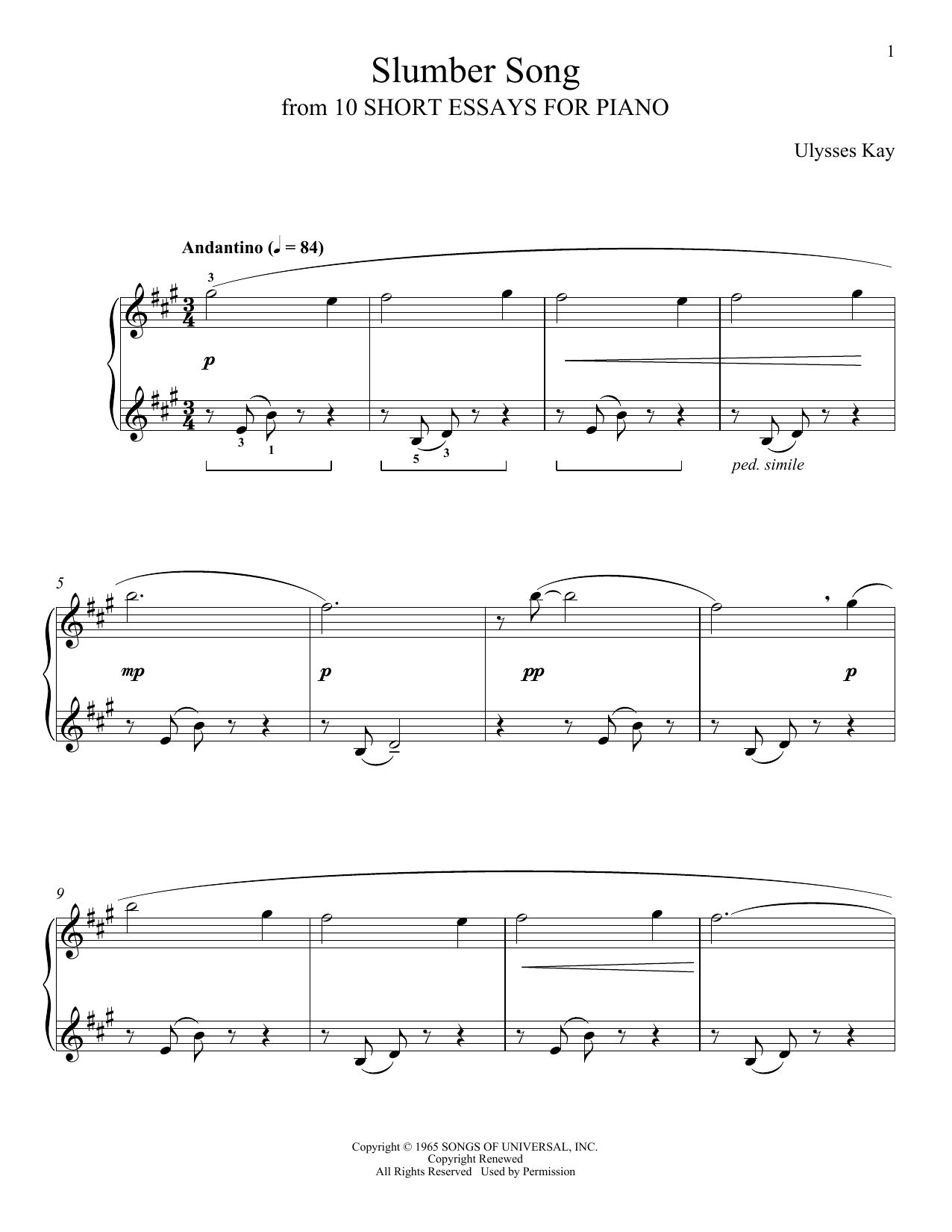 Ulysses Kay Slumber Song Sheet Music Notes & Chords for Piano Solo - Download or Print PDF