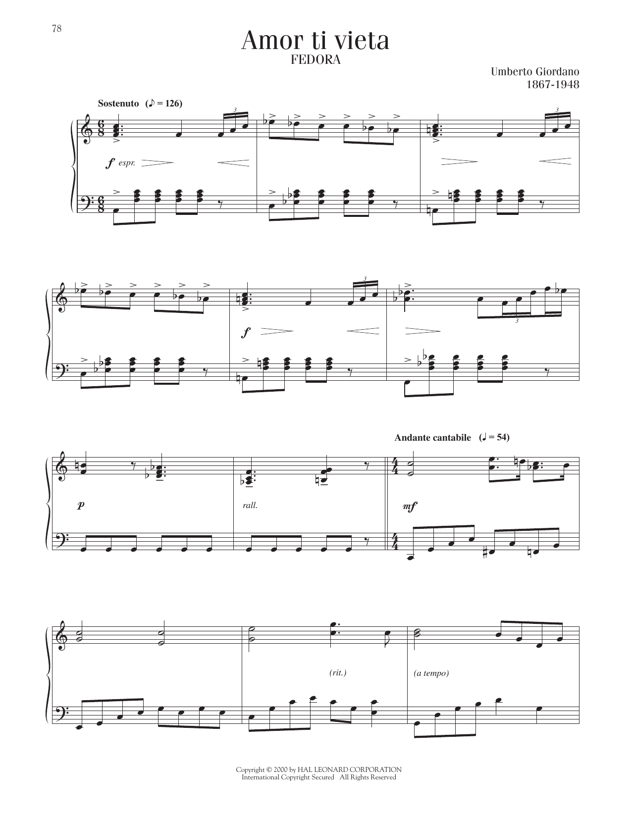 Umberto Giordano Amor Ti Vieta Sheet Music Notes & Chords for Piano Solo - Download or Print PDF