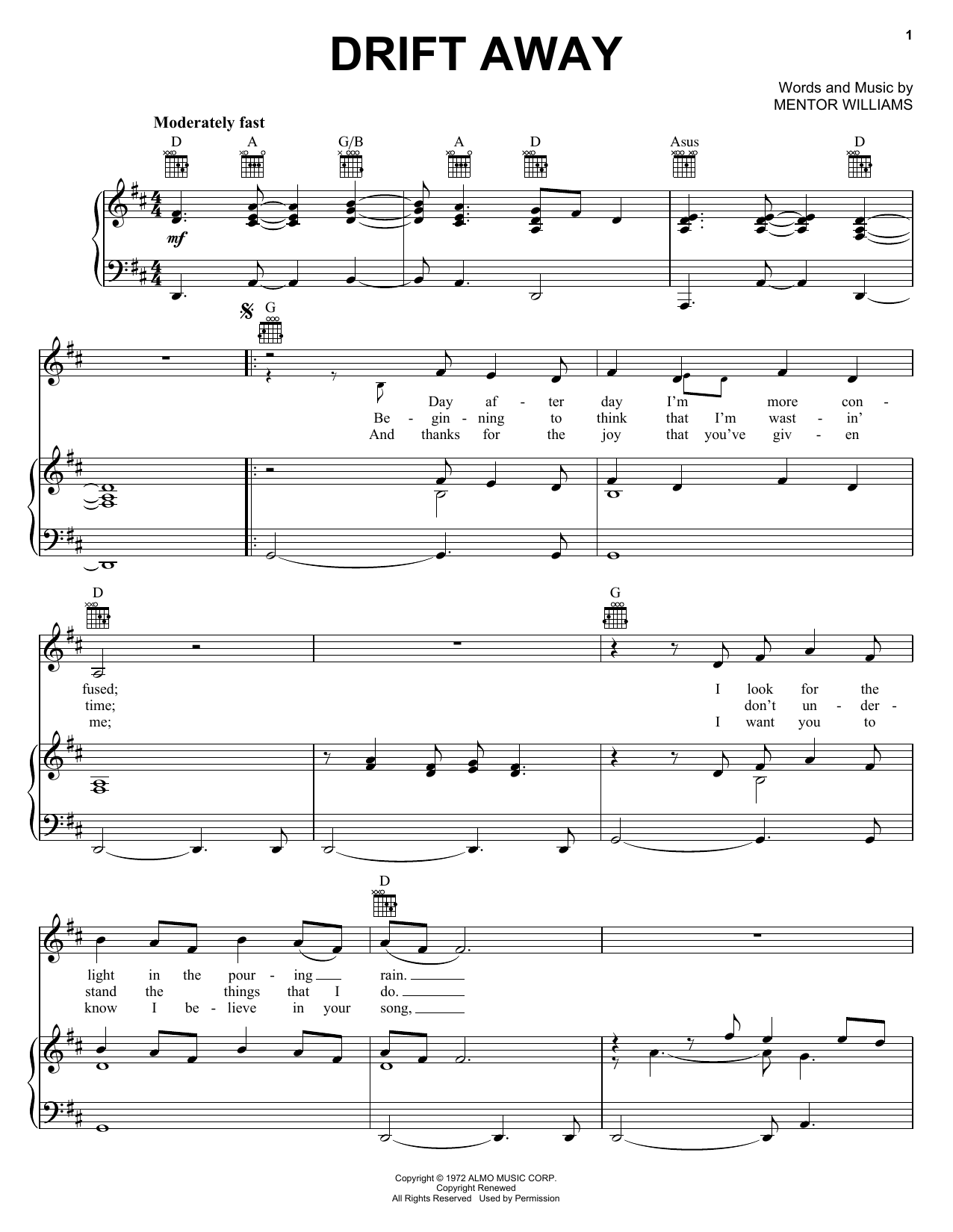 Uncle Kracker Drift Away Sheet Music Notes & Chords for Piano, Vocal & Guitar (Right-Hand Melody) - Download or Print PDF