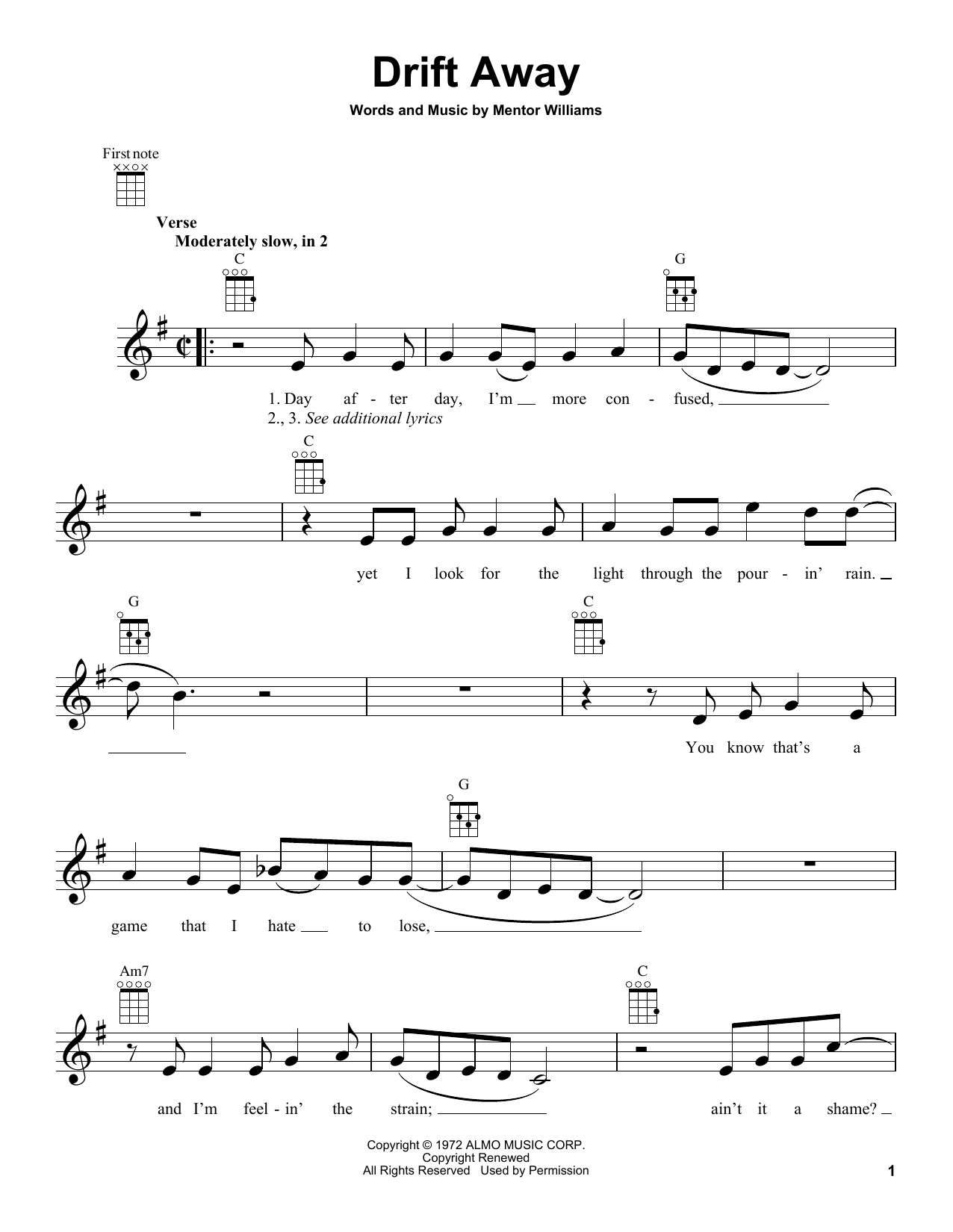 Uncle Kracker Drift Away (feat. Dobie Gray) Sheet Music Notes & Chords for Melody Line, Lyrics & Chords - Download or Print PDF