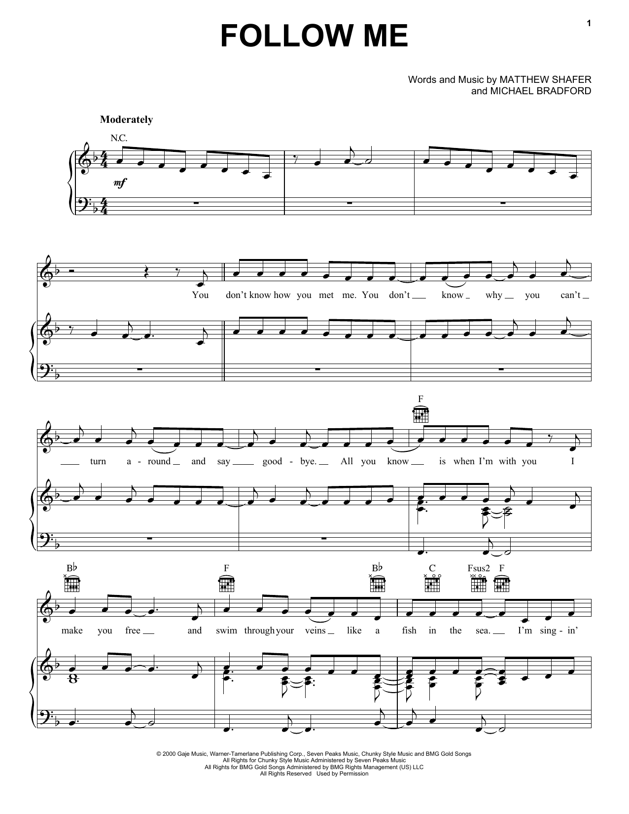 Uncle Kracker Follow Me Sheet Music Notes & Chords for Piano, Vocal & Guitar (Right-Hand Melody) - Download or Print PDF