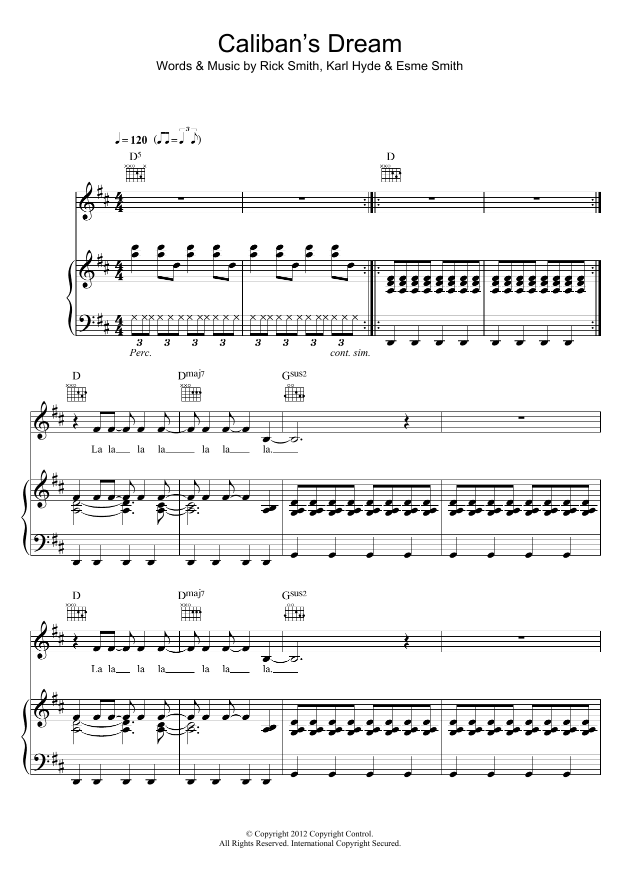 Underworld Caliban's Dream Sheet Music Notes & Chords for Piano, Vocal & Guitar (Right-Hand Melody) - Download or Print PDF