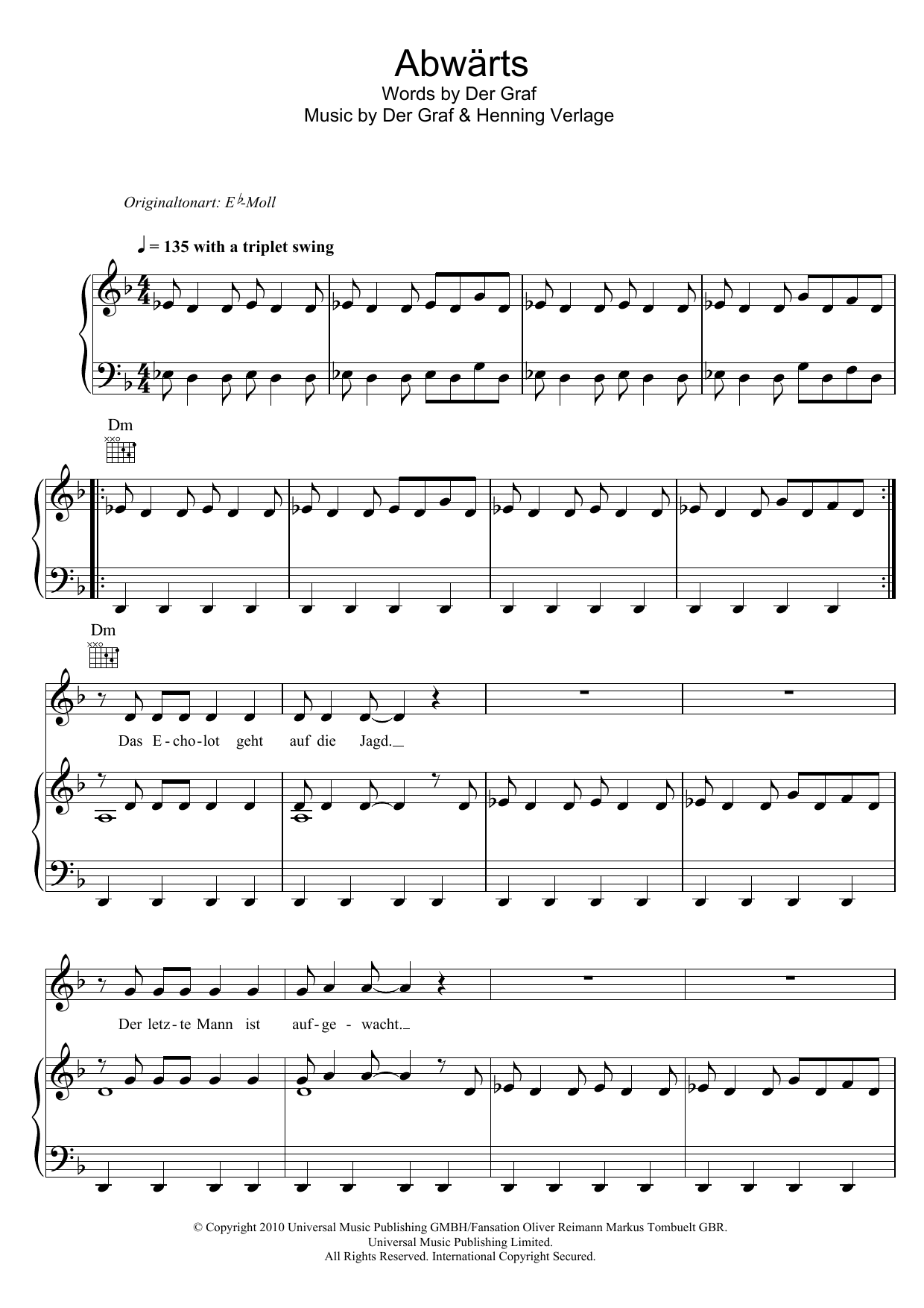 Unheilig Abwarts Sheet Music Notes & Chords for Piano, Vocal & Guitar (Right-Hand Melody) - Download or Print PDF