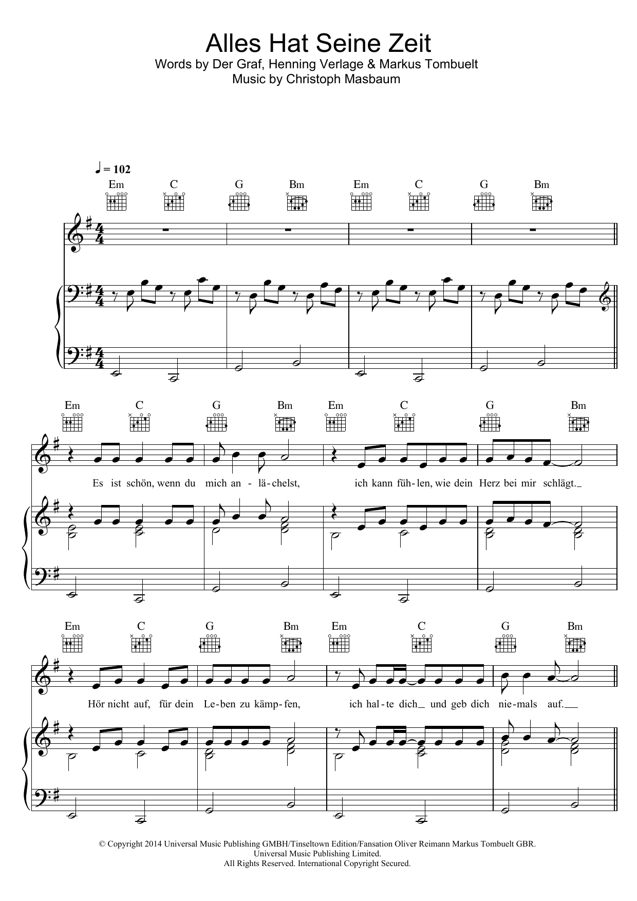 Unheilig Alles Hat Seine Zeit Sheet Music Notes & Chords for Piano, Vocal & Guitar (Right-Hand Melody) - Download or Print PDF