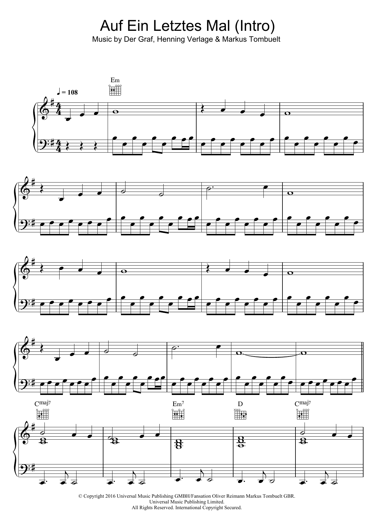 Unheilig Auf Ein Letztes Mal (Intro) Sheet Music Notes & Chords for Piano & Guitar - Download or Print PDF
