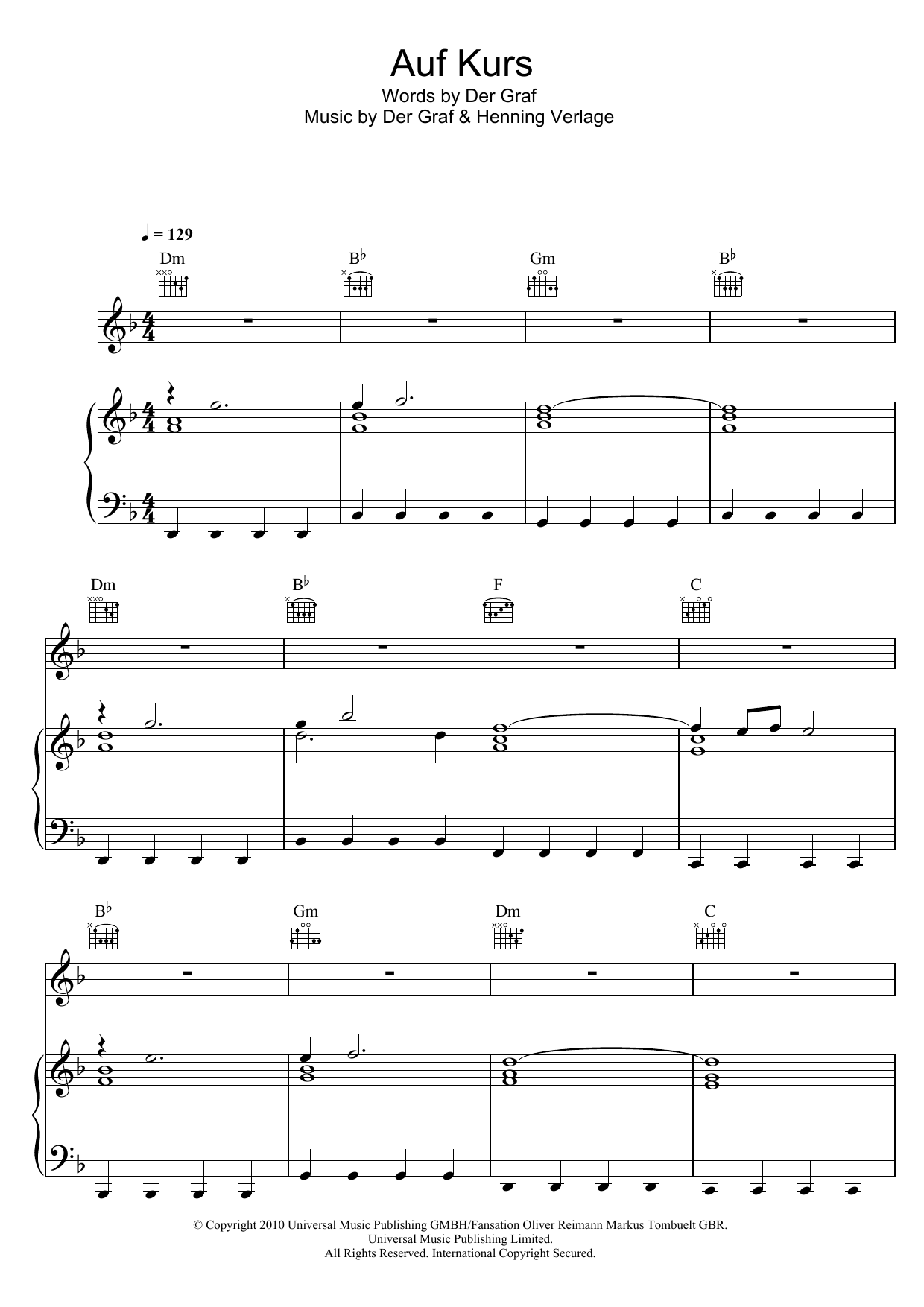 Unheilig Auf Kurs Sheet Music Notes & Chords for Piano, Vocal & Guitar (Right-Hand Melody) - Download or Print PDF Unheilig Auf Kurs Sheet Music Notes & Chords for Piano, Vocal & Guitar (Right-Hand Melody) - Download or Print PDF