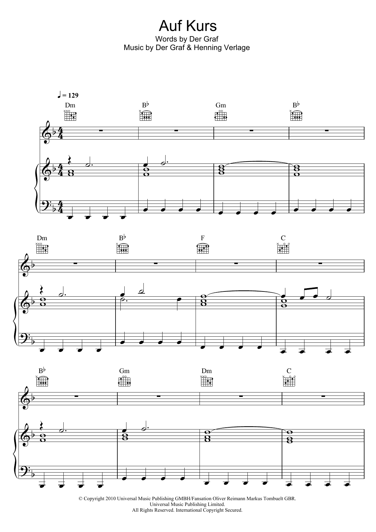 Unheilig Auf Kurs Sheet Music Notes & Chords for Piano, Vocal & Guitar (Right-Hand Melody) - Download or Print PDF