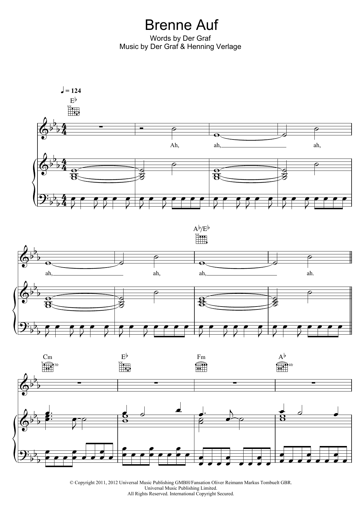 Unheilig Brenne Auf Sheet Music Notes & Chords for Piano, Vocal & Guitar (Right-Hand Melody) - Download or Print PDF