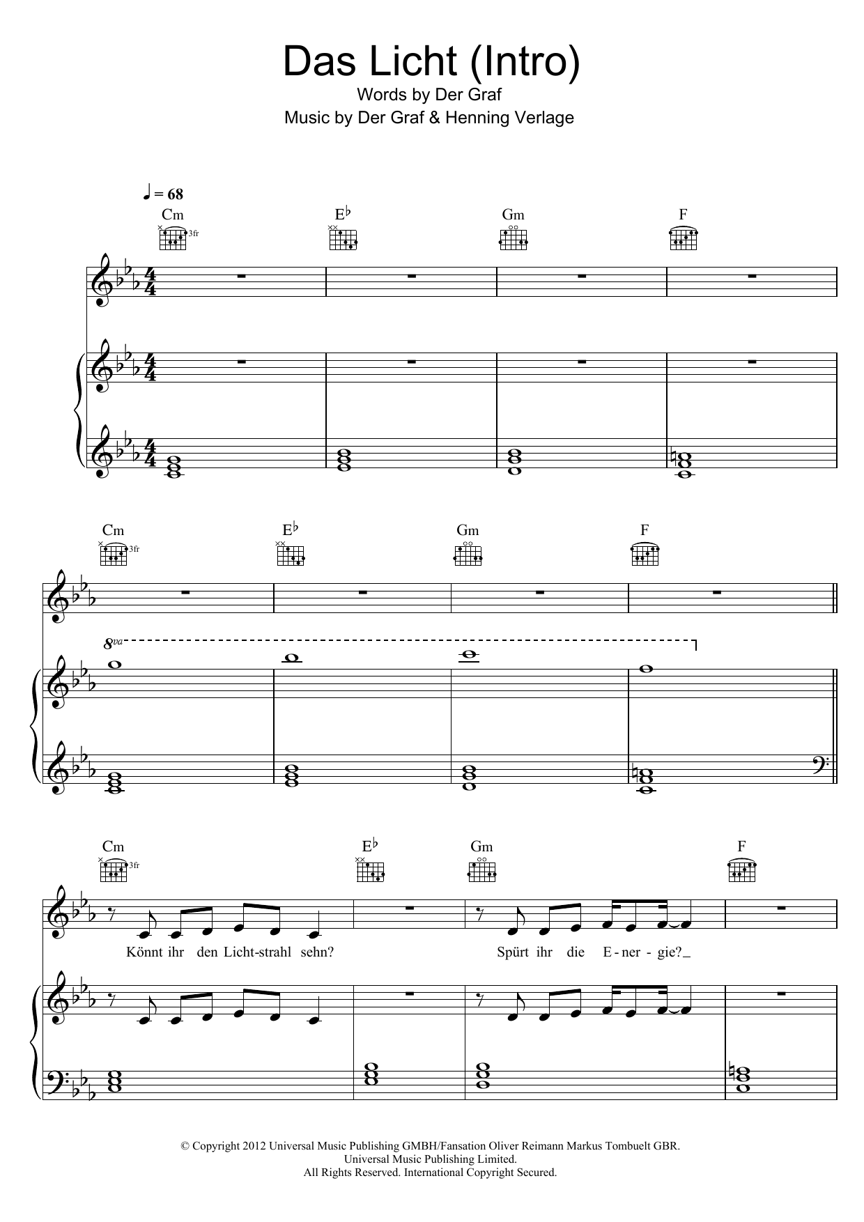 Unheilig Das Licht (Intro) Sheet Music Notes & Chords for Piano, Vocal & Guitar (Right-Hand Melody) - Download or Print PDF