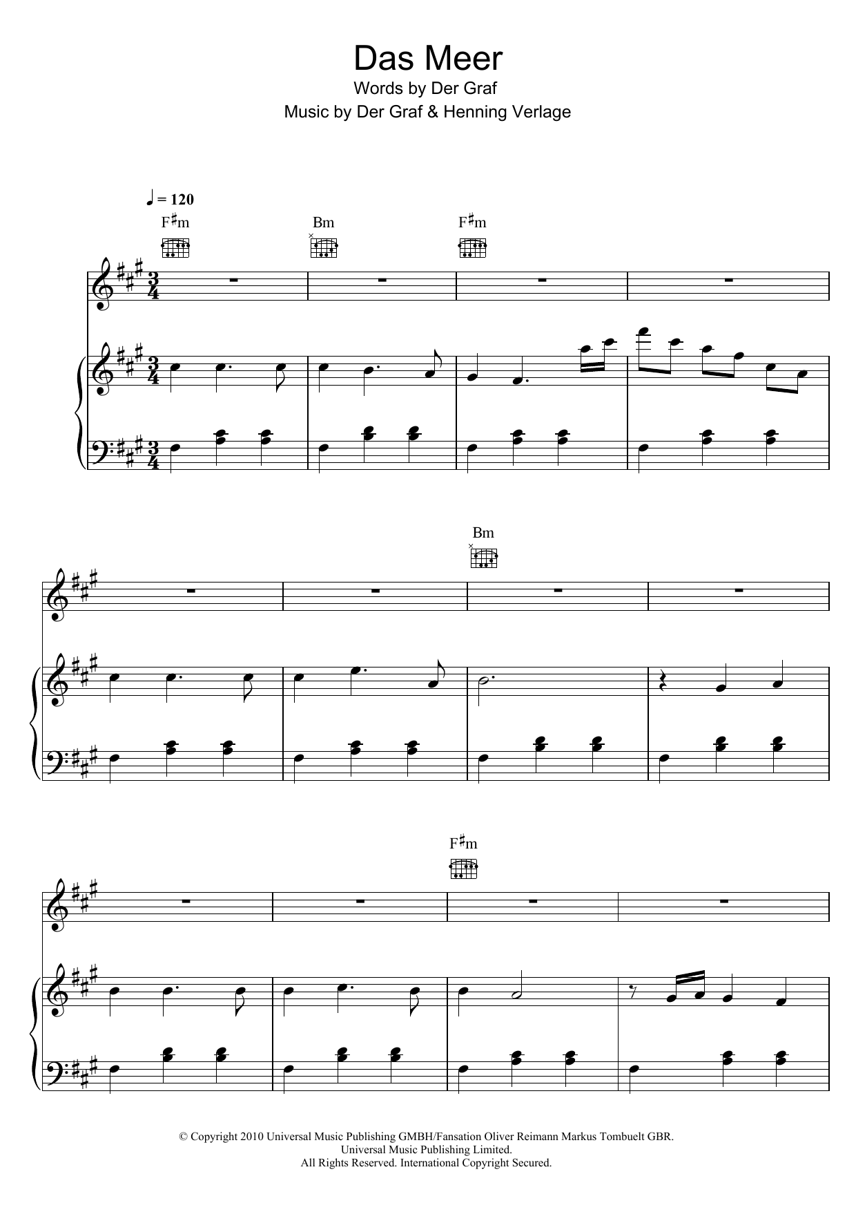 Unheilig Das Meer Sheet Music Notes & Chords for Piano, Vocal & Guitar (Right-Hand Melody) - Download or Print PDF