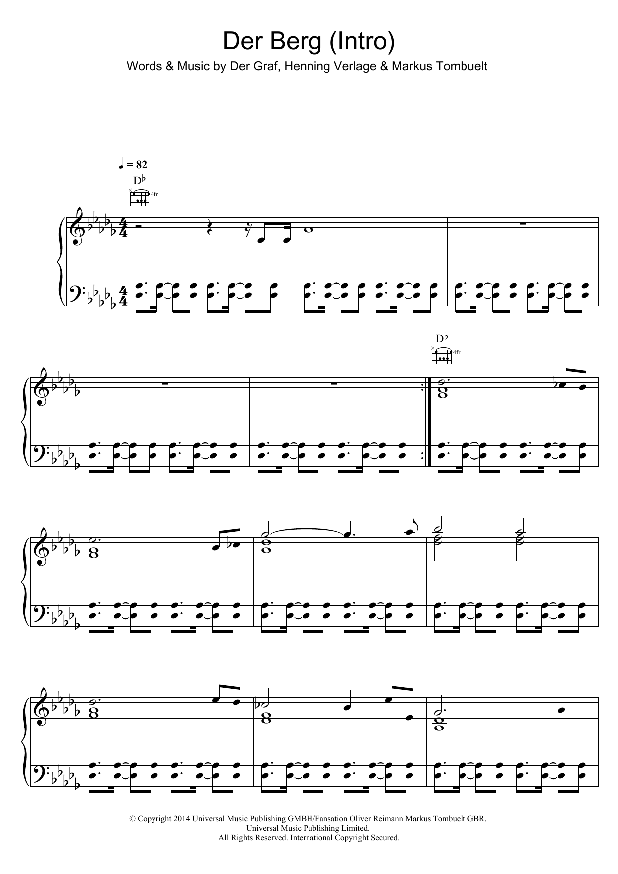 Unheilig Der Berg (Intro) Sheet Music Notes & Chords for Piano, Vocal & Guitar (Right-Hand Melody) - Download or Print PDF