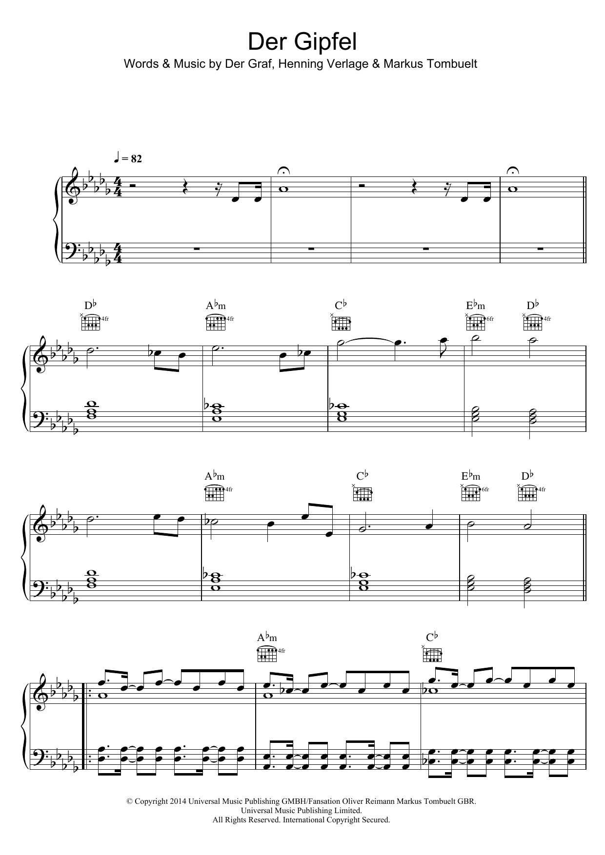 Unheilig Der Gipfel Sheet Music Notes & Chords for Piano, Vocal & Guitar (Right-Hand Melody) - Download or Print PDF