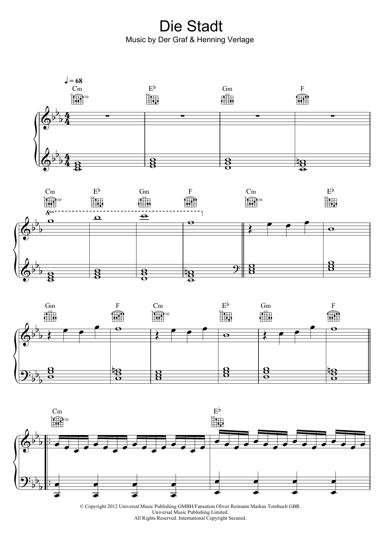 Unheilig Die Stadt Sheet Music Notes & Chords for Piano, Vocal & Guitar (Right-Hand Melody) - Download or Print PDF