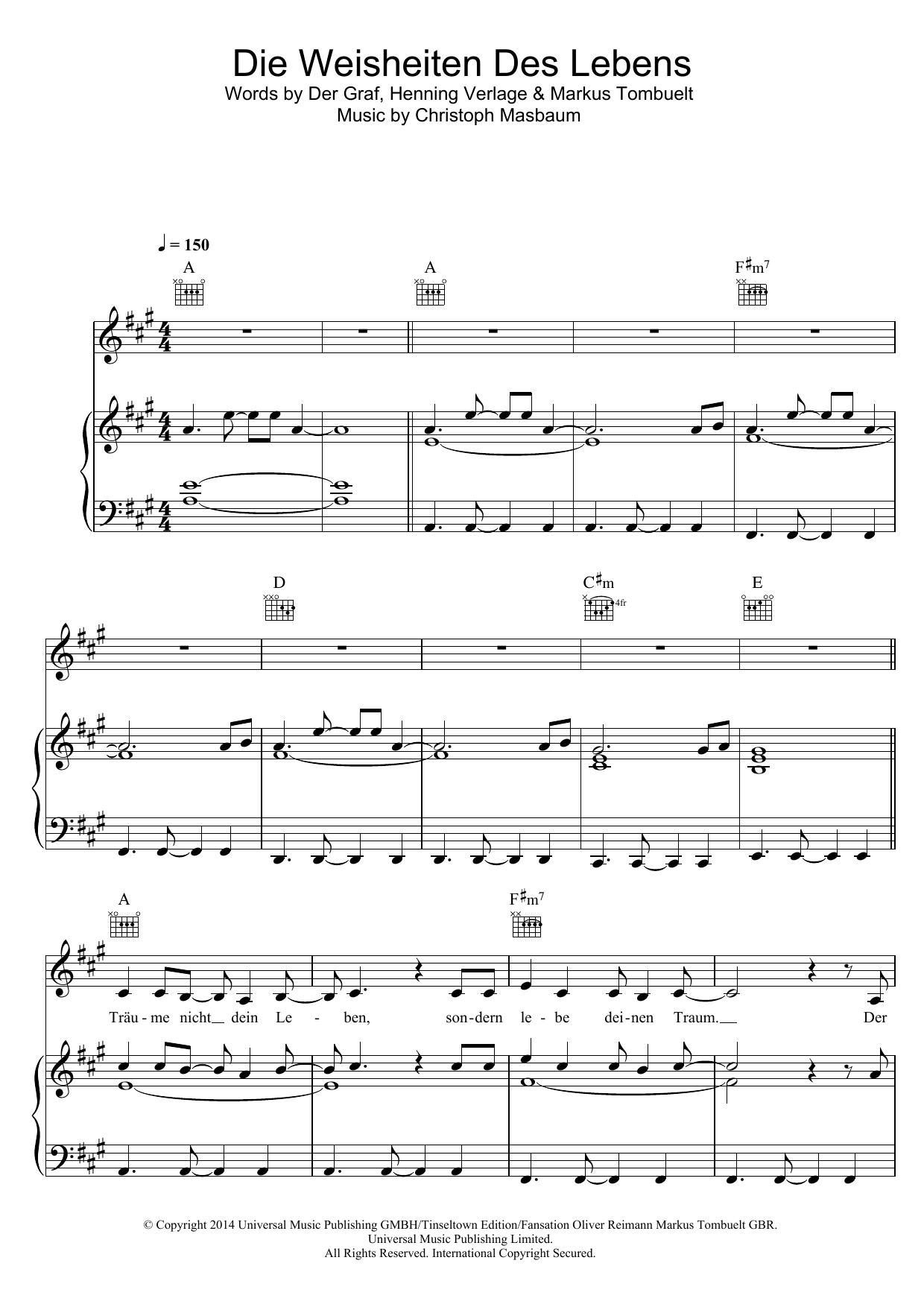 Unheilig Die Weisheiten Des Lebens Sheet Music Notes & Chords for Piano, Vocal & Guitar (Right-Hand Melody) - Download or Print PDF